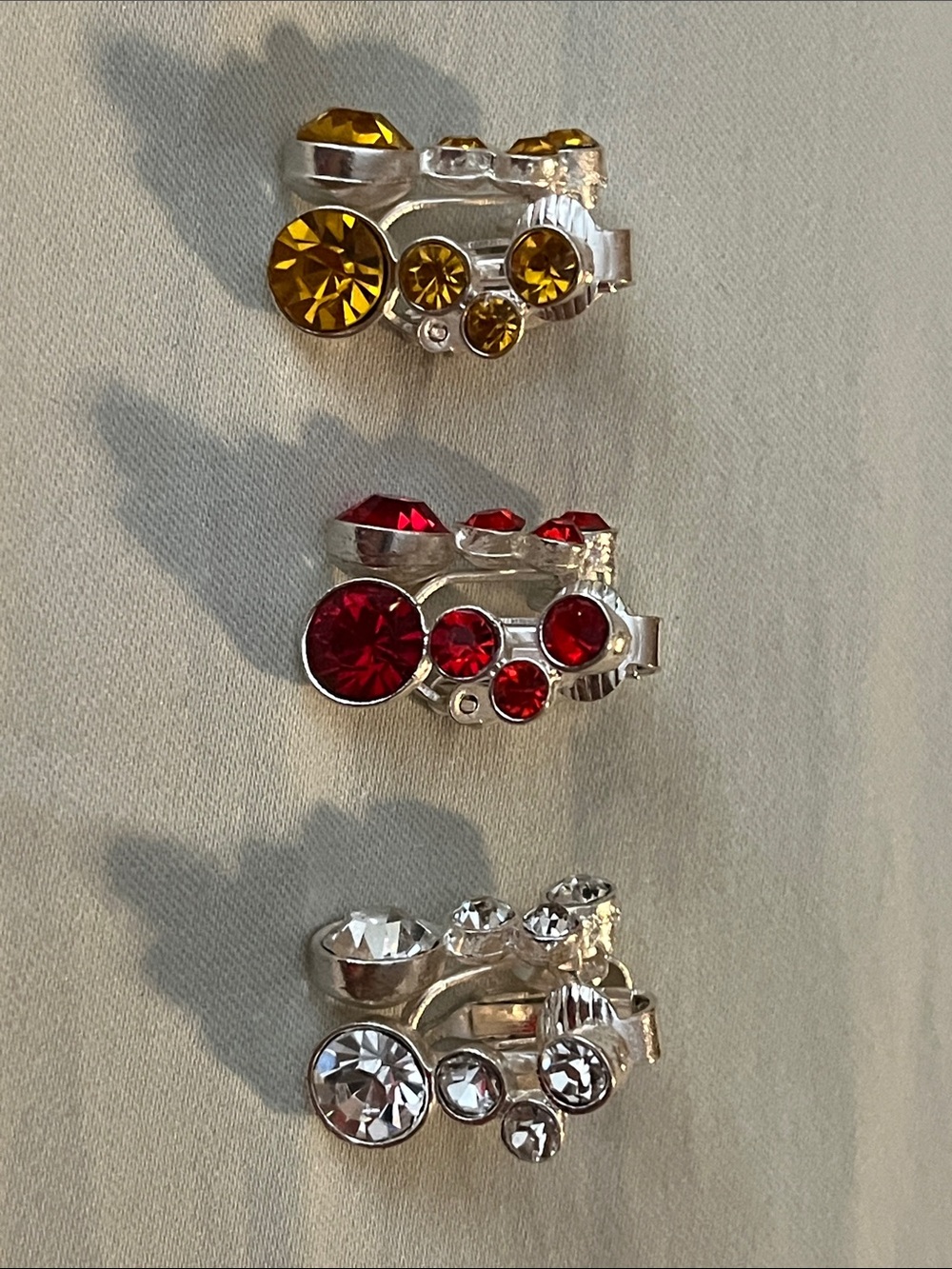 3 Crystal Cluster Clip-On Earrings - Red, Amber, Clear - Unbranded